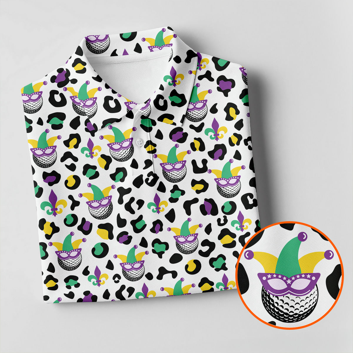 Mardi Gras Mask Leopard Spots Funny Golf Ball Women's Golf Tops, Fun Women's Golf Shirts, Ladies Golf Polos
