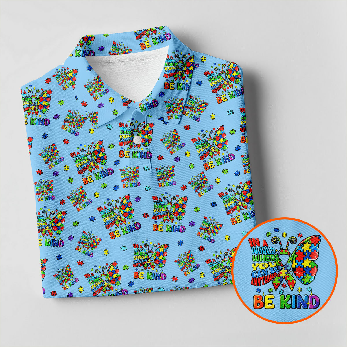 In A World Where You Can Be Anything Be Kind Rainbow Butterfly Autism Awareness Blue Golf Shirt, Women's Golf Tops