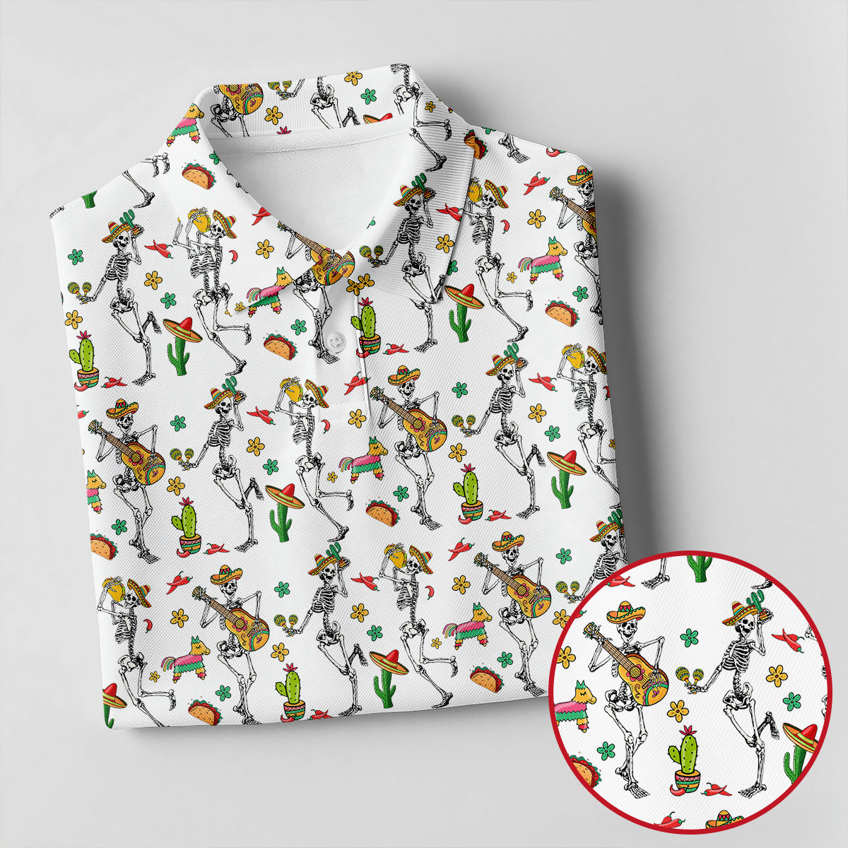 Dia De Muertos Skeletons Cinco De Mayo Celebration Fiesta Themed White Golf Shirts For Men