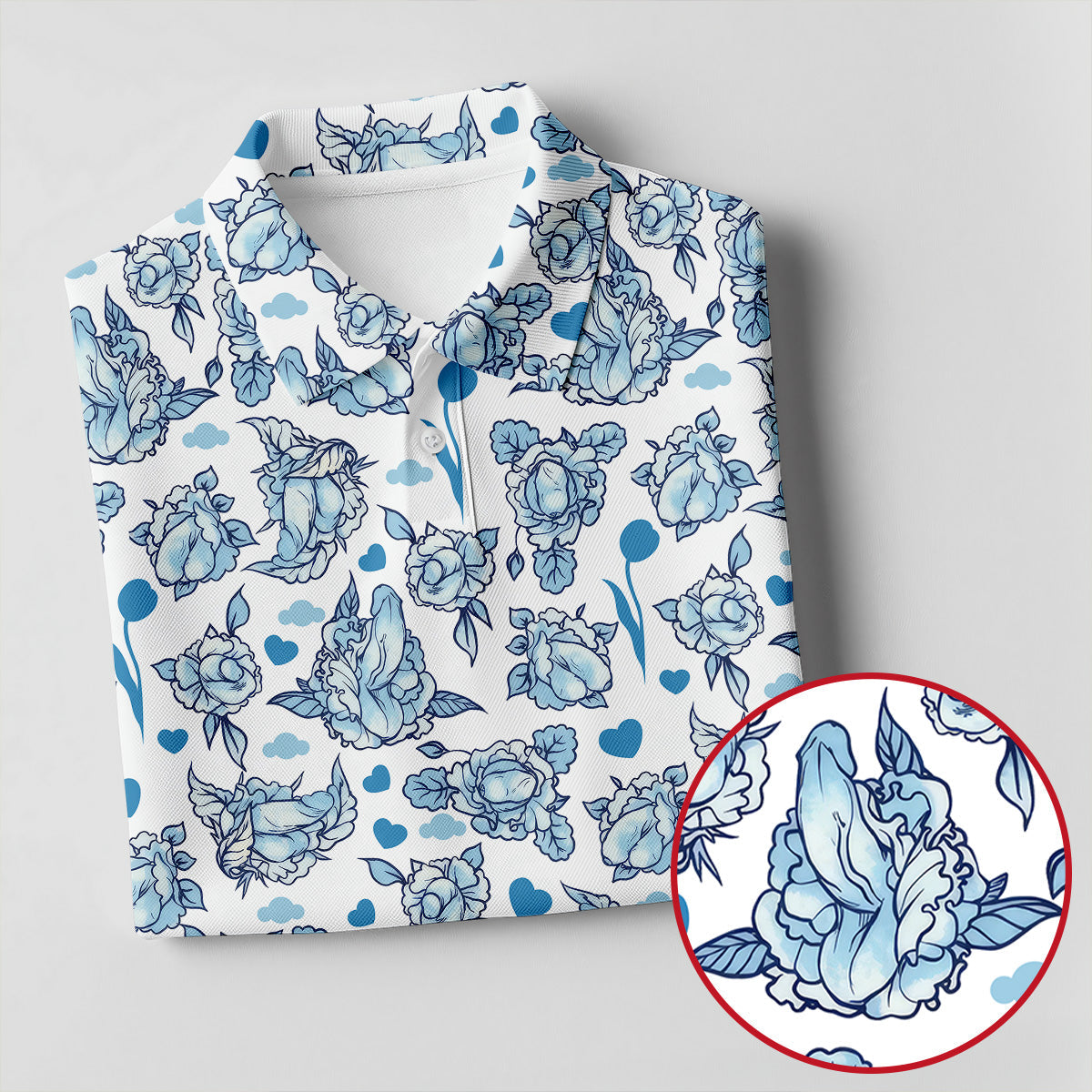 Blue Rose Floral Heart Pattern Golf Shirt, Women's Golf Tops, Golf Polo For Women