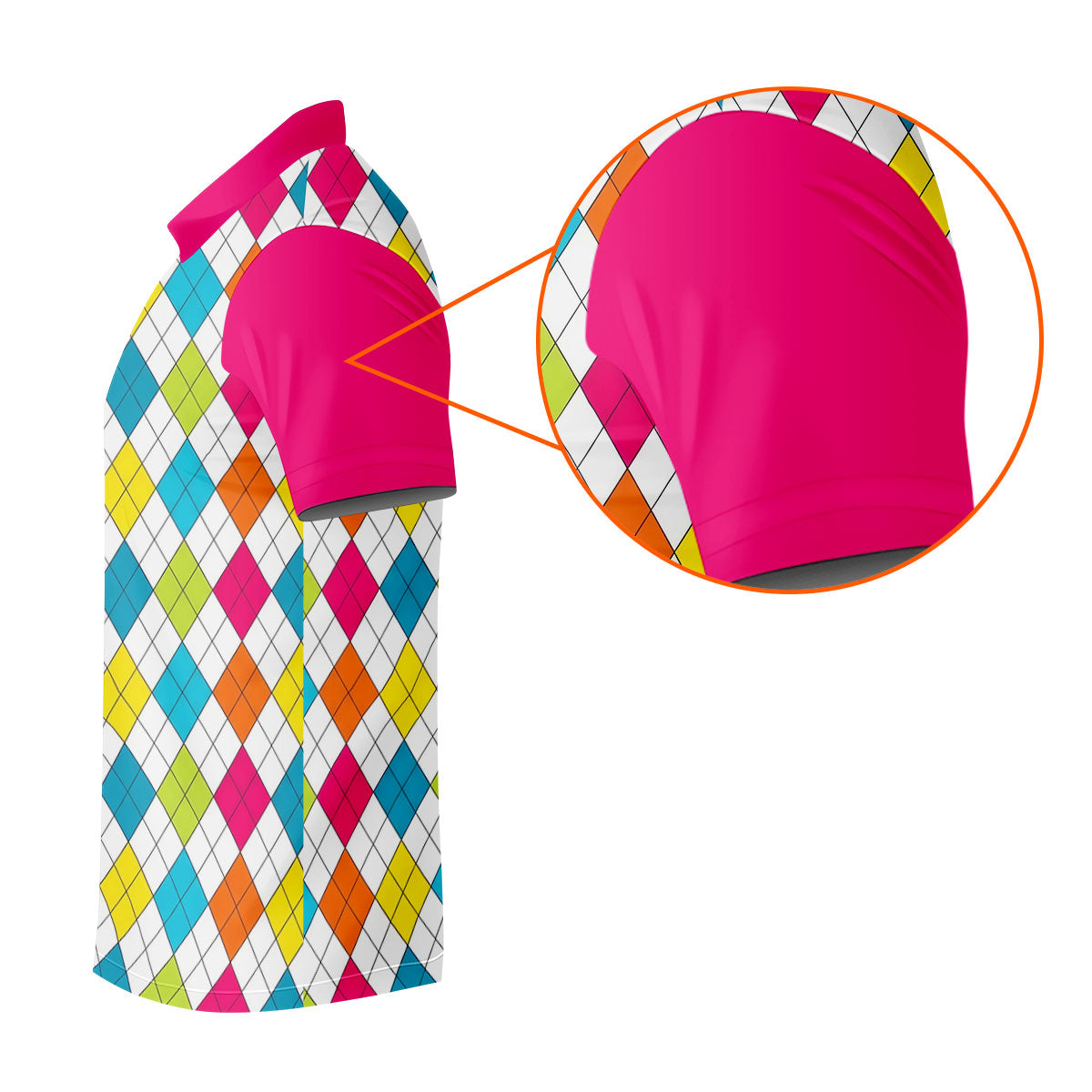 Pink Sleeve Colorful Argyle Plaid Golf Shirt, Mens Golf Polo, Printed Golf Shirts