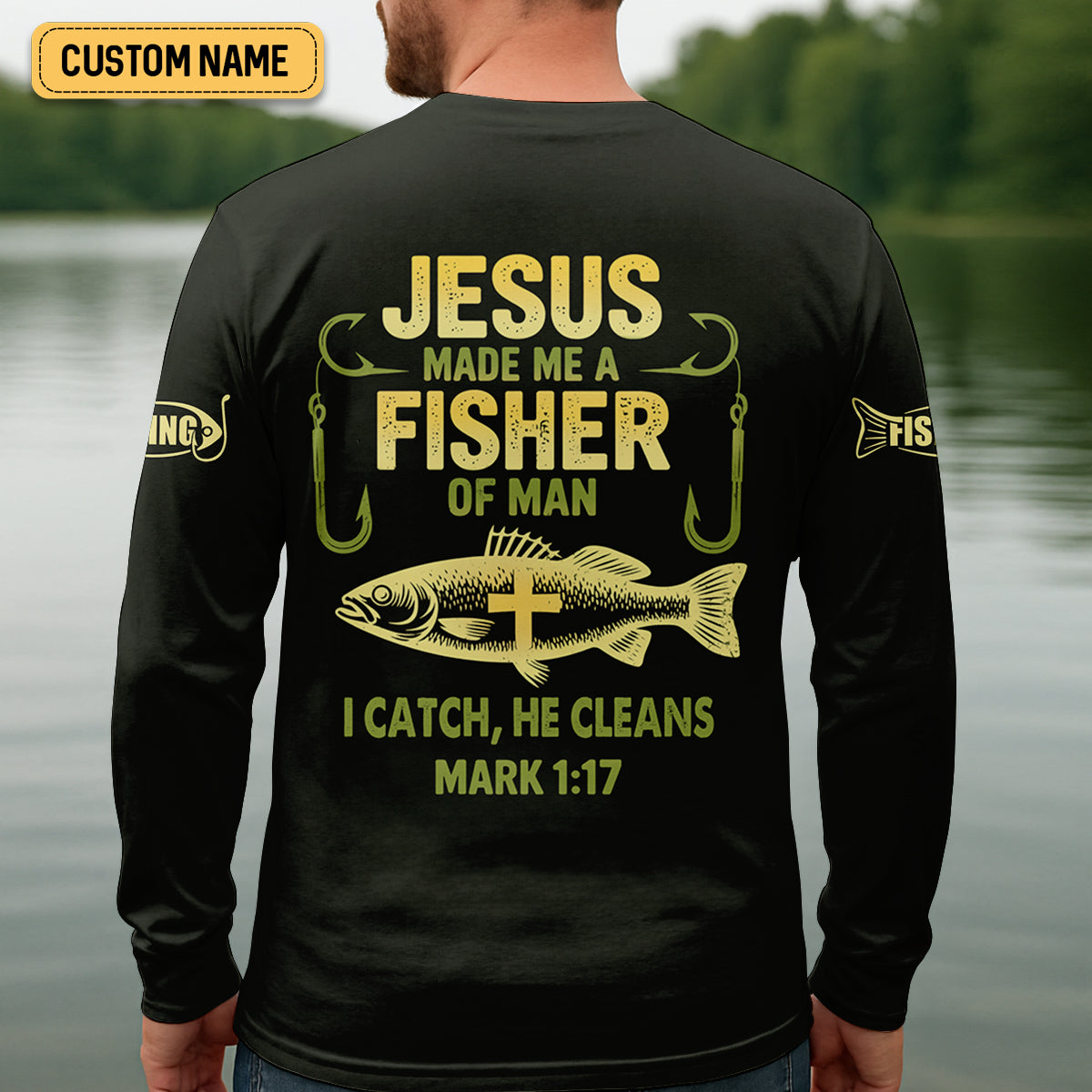 Jesus Made Me A Fisher Of Man Fishing UPF Shirts, Jesus Fishing Shirt, Funny Fishing Shirt