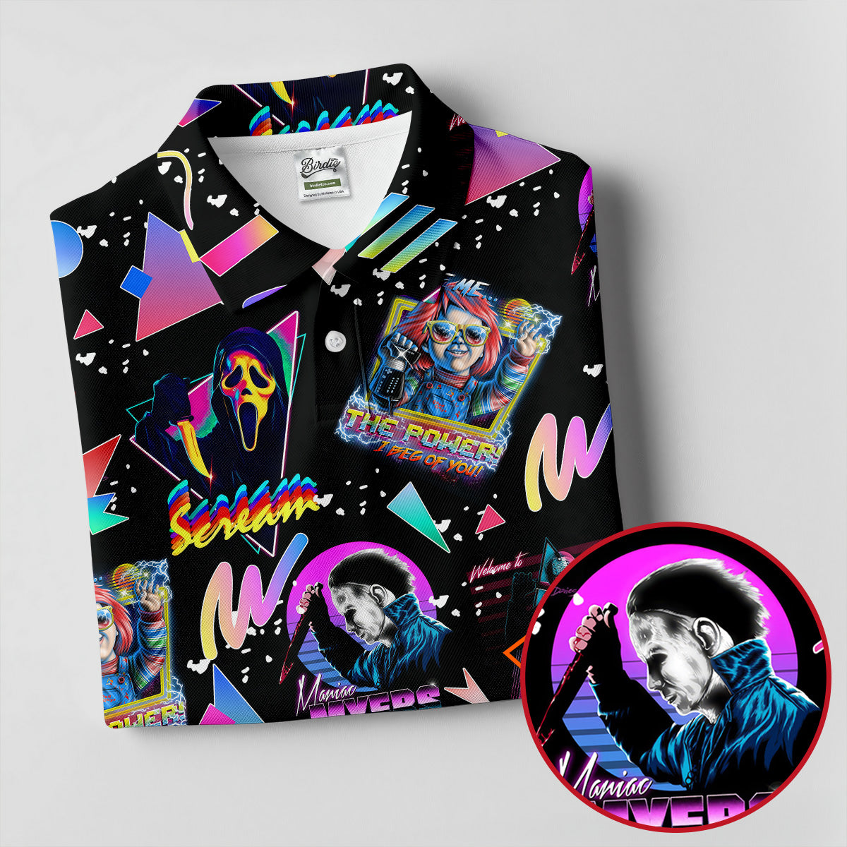 Retro Neon Horror Character Halloween Golf Shirt, Women's Golf Apparel, Printed Golf Shirt