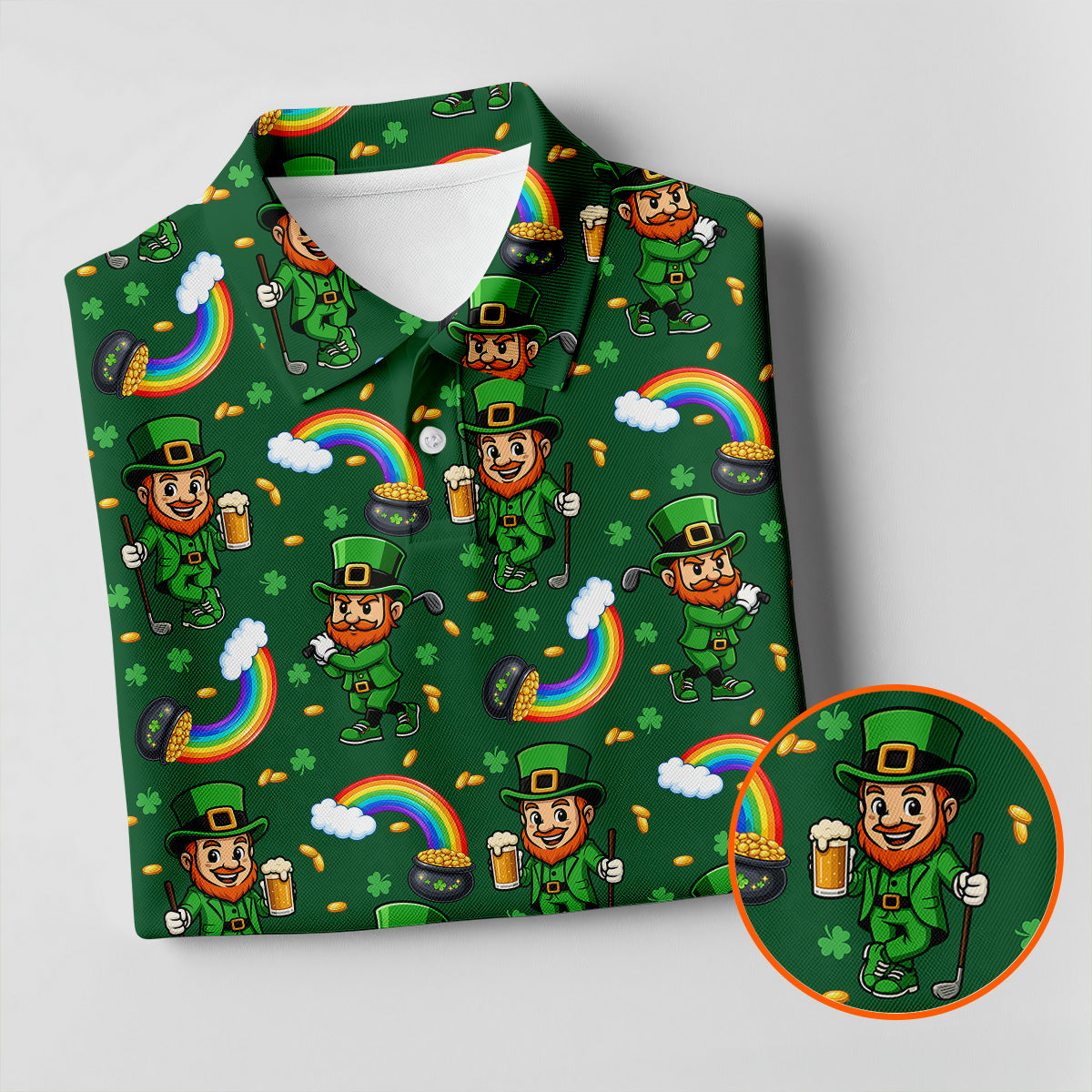 St Patrick's Day Leprechaun Golf Pose Rainbow Gold Pot Shamrock Golf Shirt, Women's Golf Shirts, Ladies Golf Polos