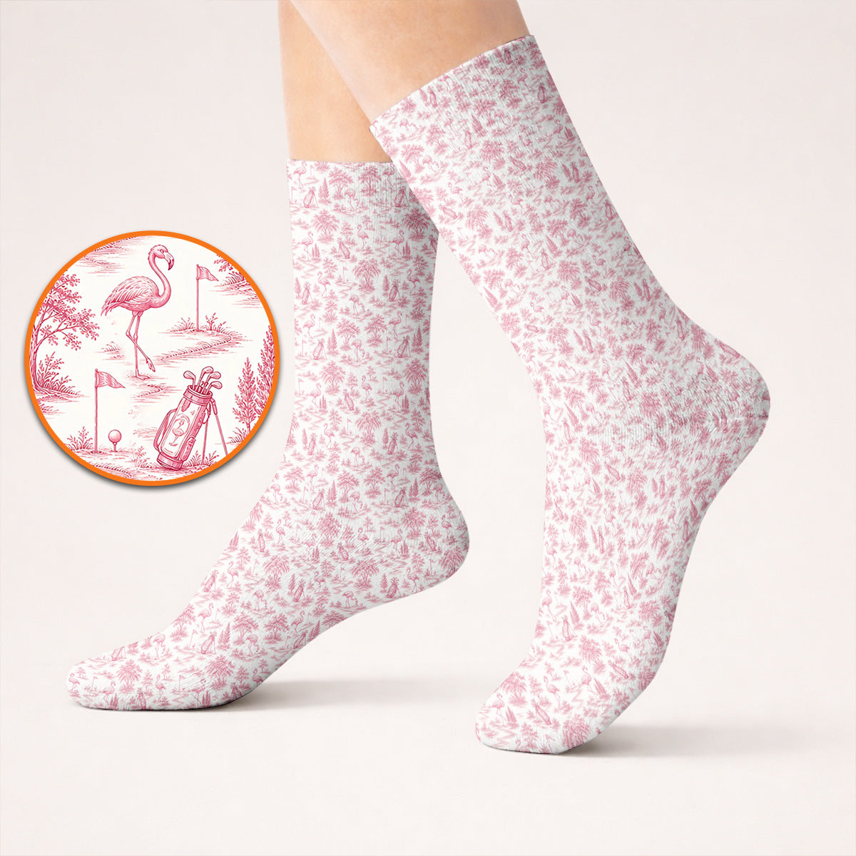 Toile De Jouy Flamingo Golf Crew Sock, Crazy Pink Golf Socks, Golf Gift For Golfer