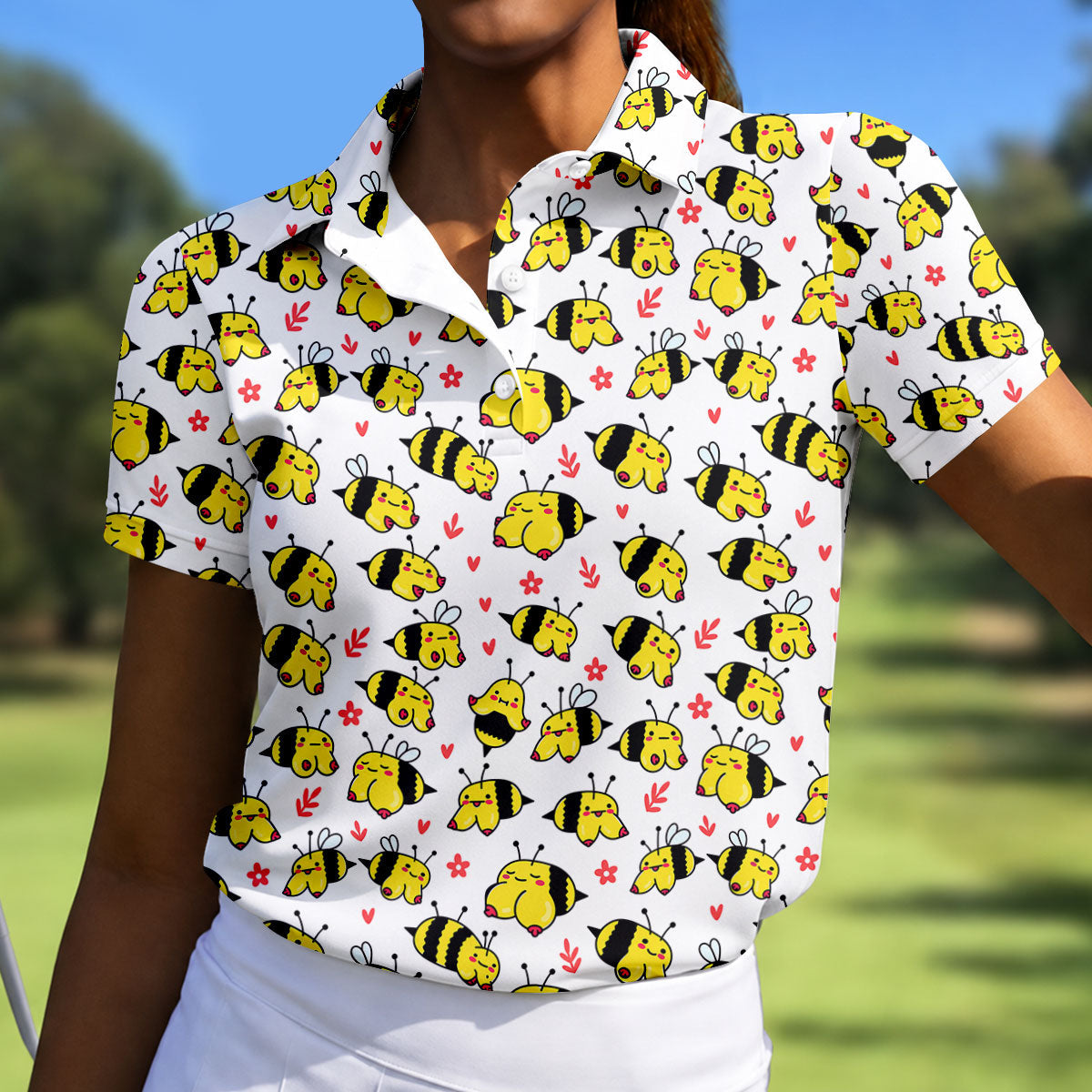 Funny Bee Breast Cancer Pattern Polo Shirt, Women’s Golf Polo, Golf Shirts For Women