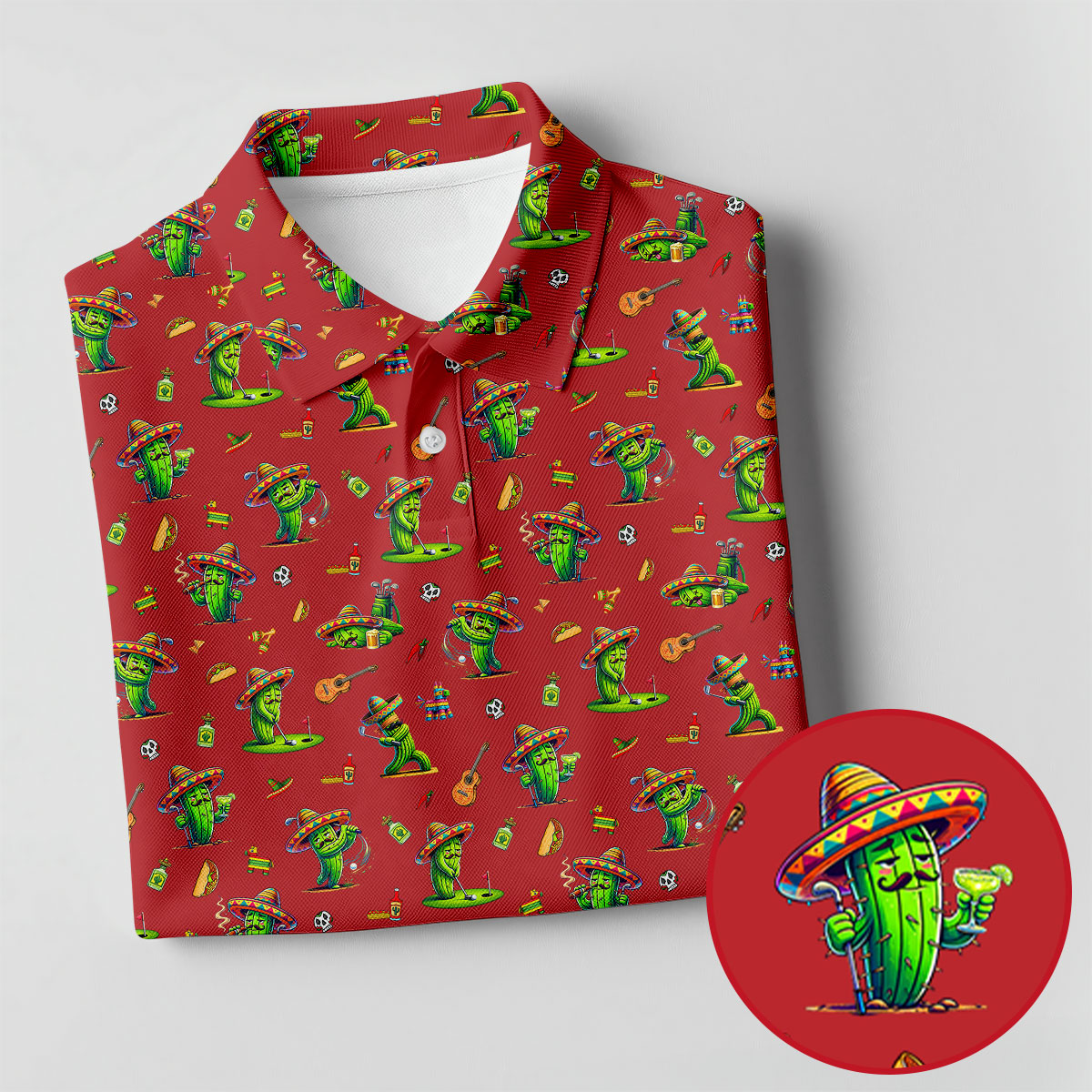 Cartoon Mustach Funny Cactus Cinco De Mayo Celebration Fiesta Themed Red Golf Shirts For Men