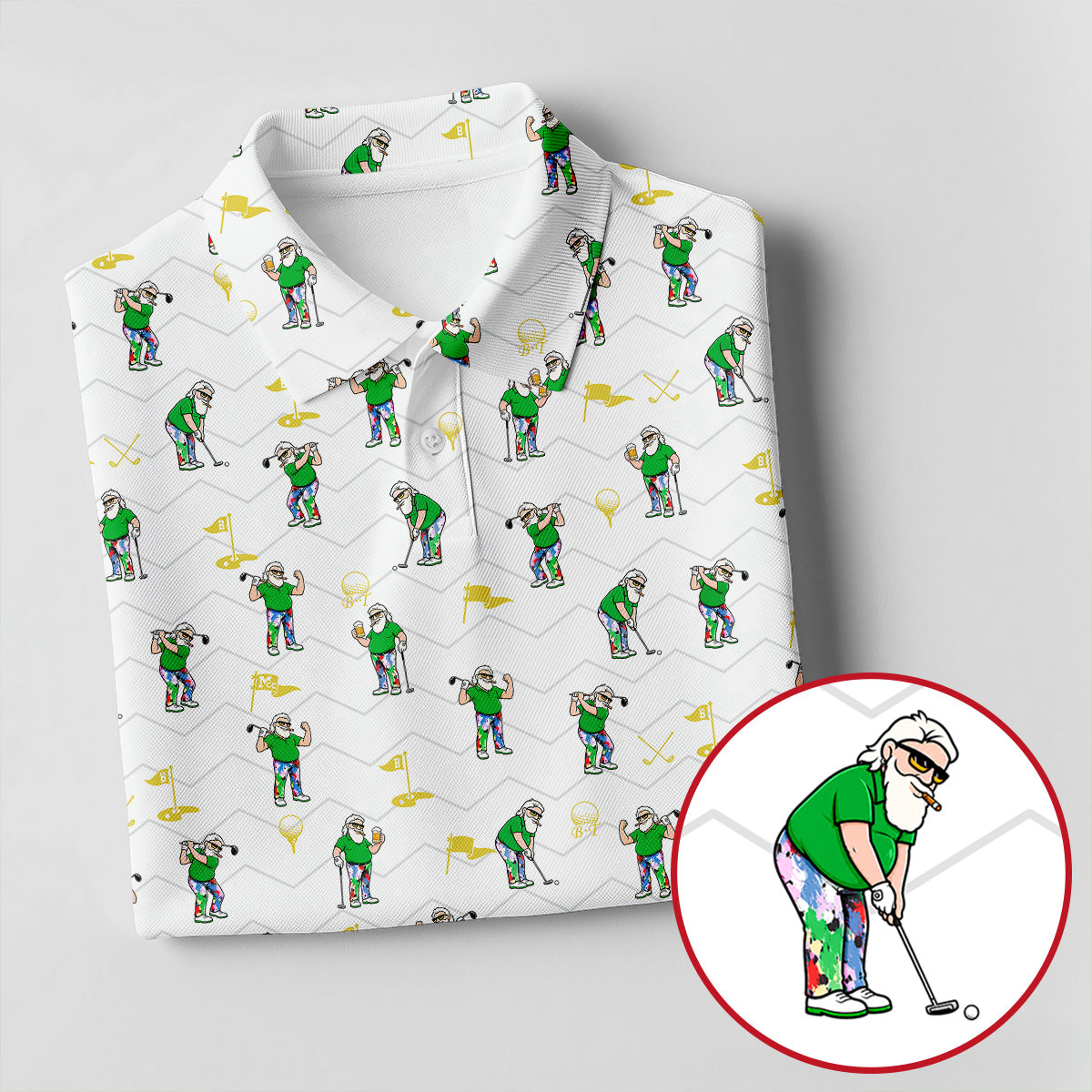 Funny Bearded Golfer Cartoon Pattern Polo Shirt, Mens Golf Polo, Polo Shirts For Men