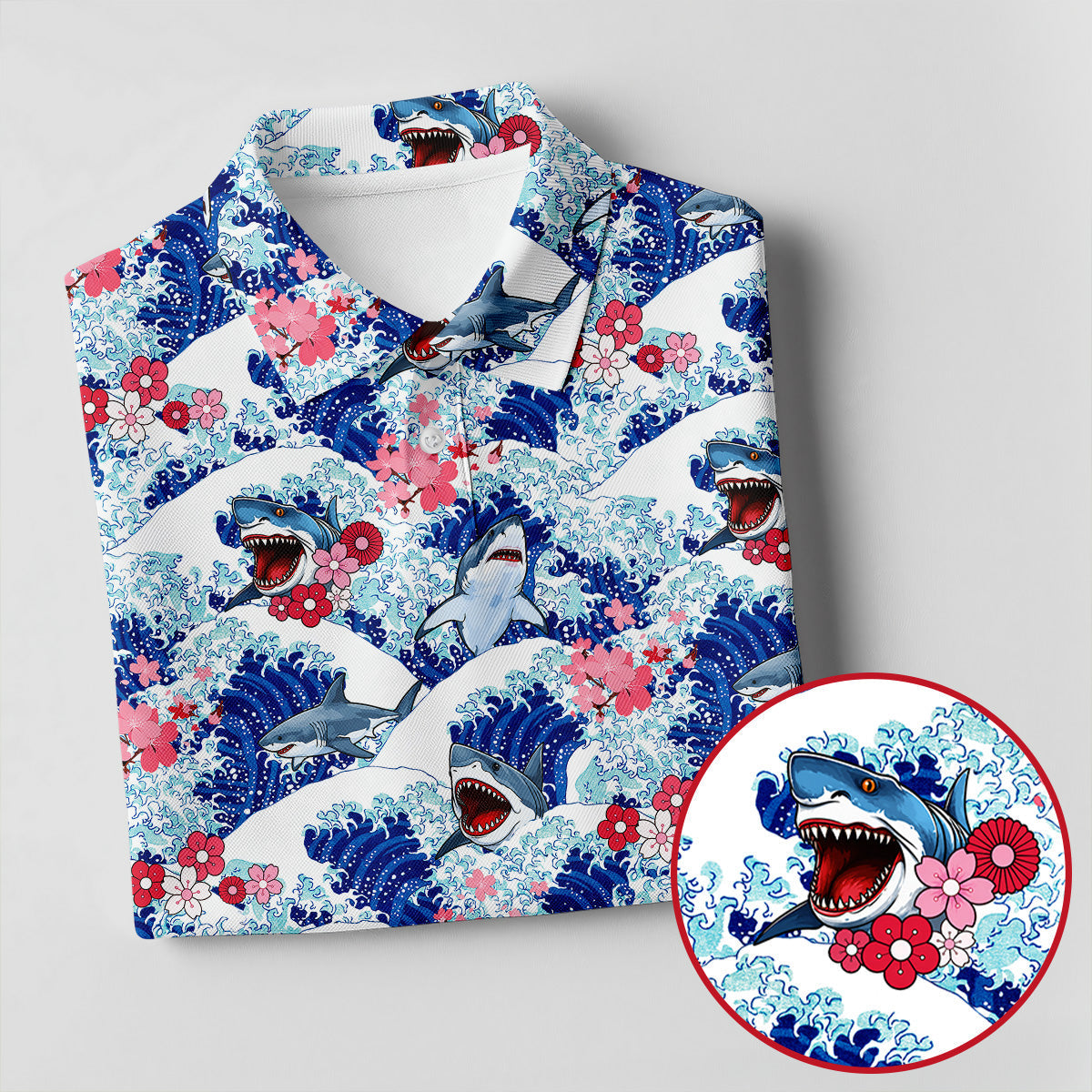 Japanese Shark Wave Sakura Golf Shirt, Women's Golf Tops, Golf Shirts For Women, Women’s Golf Apparel
