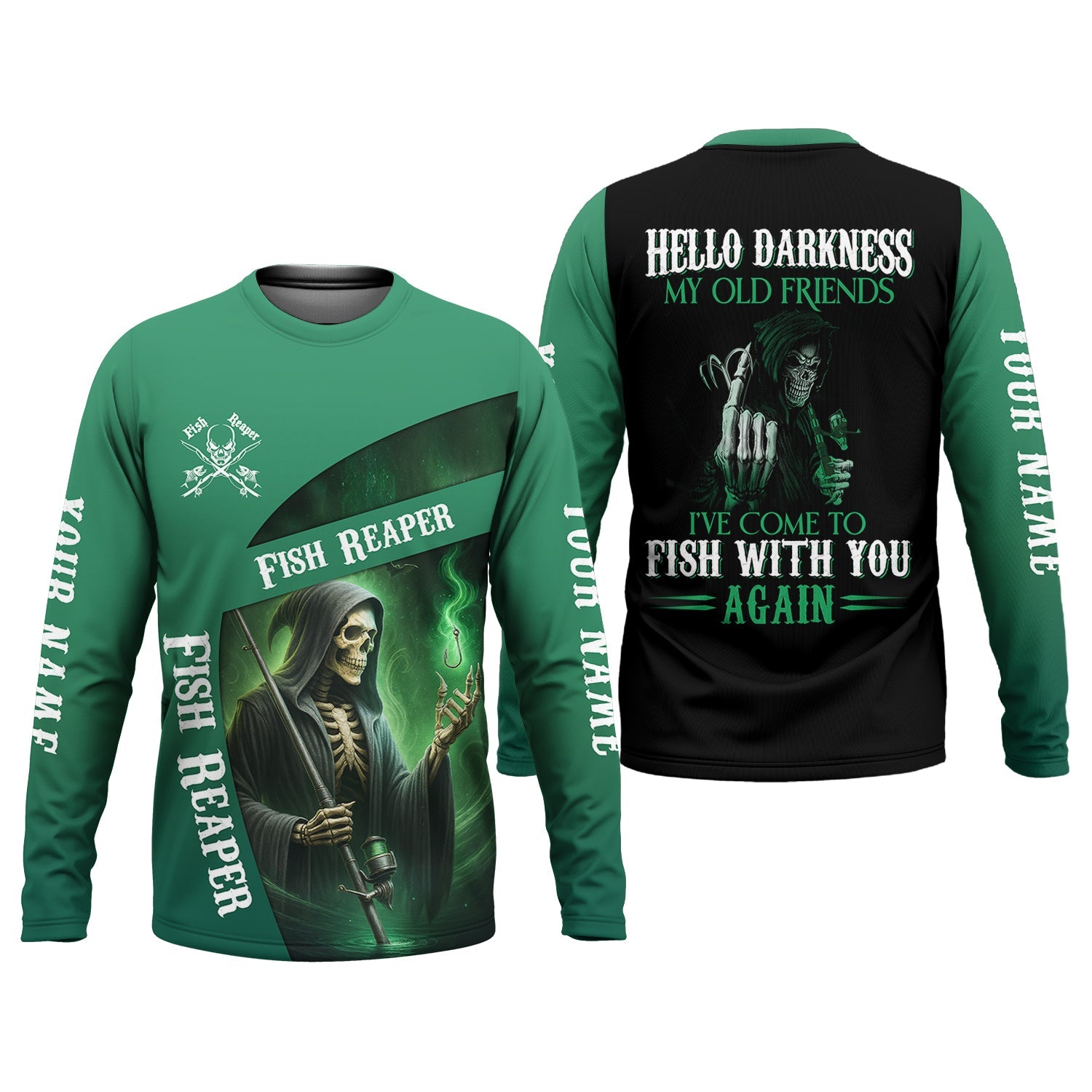 Fish Reaper Fishing UPF Shirts, Best Fishing Gifts, Custom Fishing Shirt, Hello Darkness My Old Friend