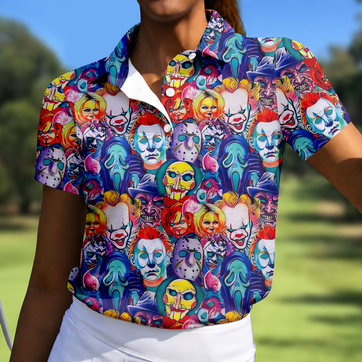 Colorful Horror Character Faces Halloween Polo Shirt, Golf Polo For Women, Ladies Golf Top