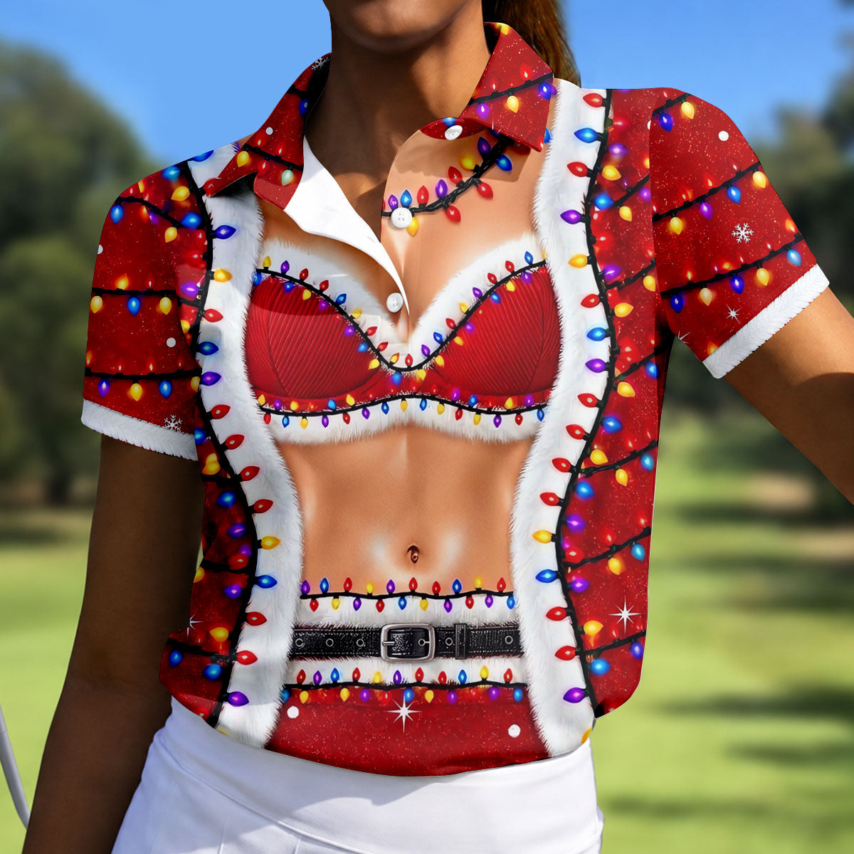 Funny Santa Bra Lights Christmas Golf Shirt, Golf Shirts For Women, Women’s Golf Apparel