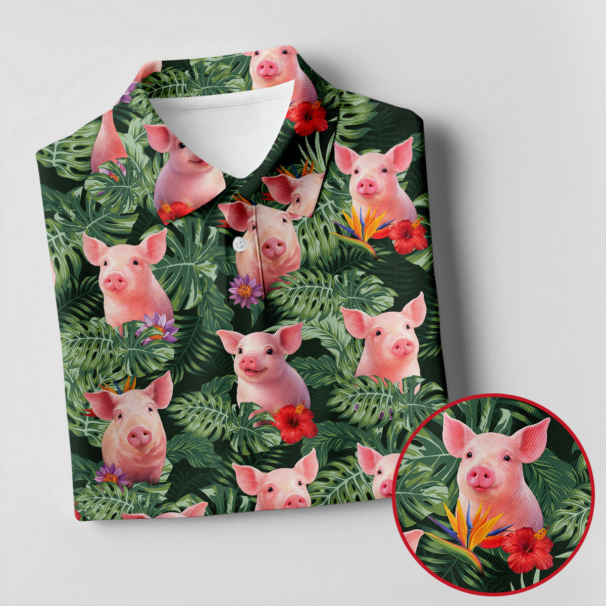 Cute Pig Tropical Monstera Hawaiian Golf Polo Shirt, Hawaiian Golf Shirt, Golf Shirts For Men