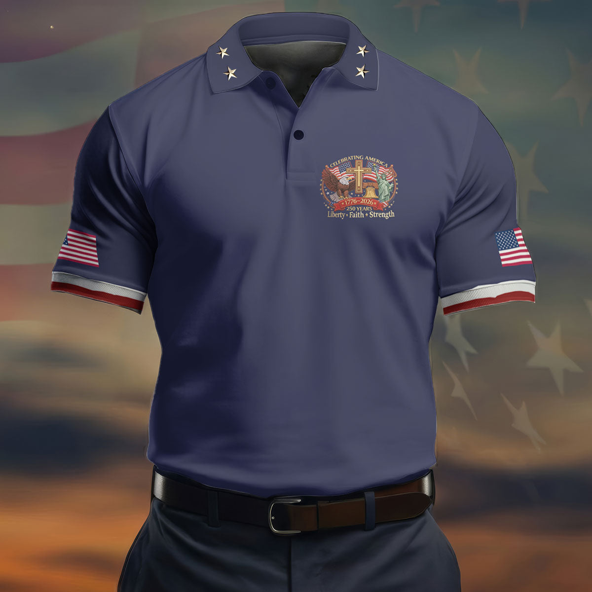 Liberty Faith Strength Faith Cross USA 250 Navy Golf Shirt, 4th Of July Golf Shirts For Men