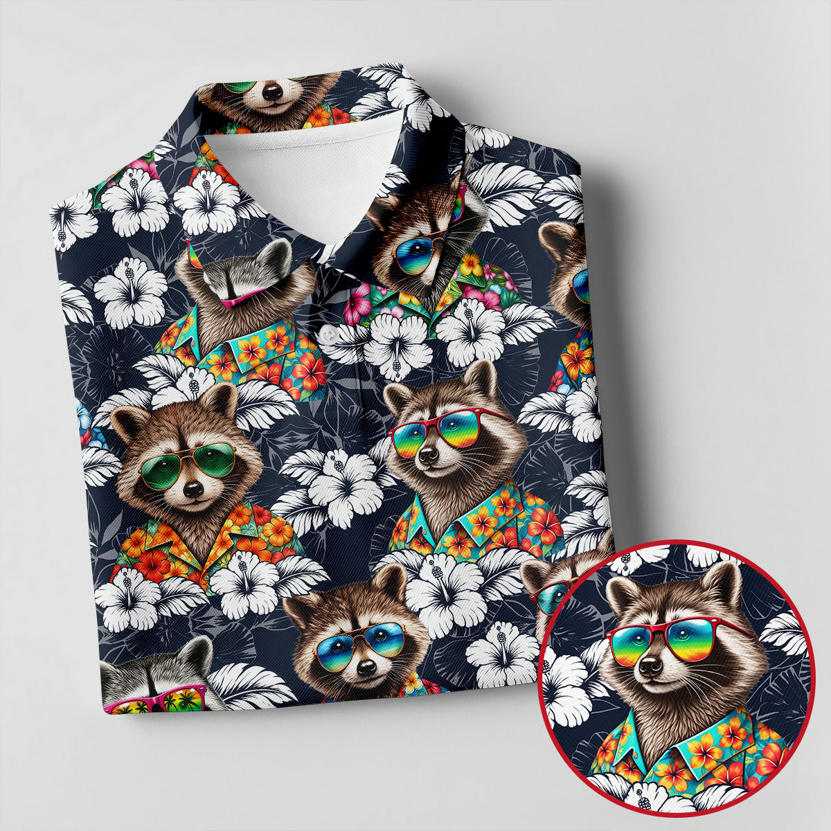 Cool Raccoons in Rainbow Sunglasses Hawaiian Golf Polo, Golf Tops For Men, Golfing Apparel