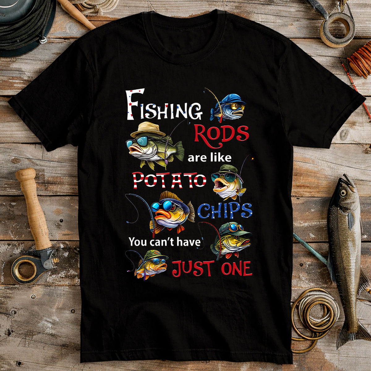 Fishing Rods Are Like Potato Chips Bass Fishing Patriotic 4th Of July Funny Fishing Shirt, 250 Years Fishing T-Shirts