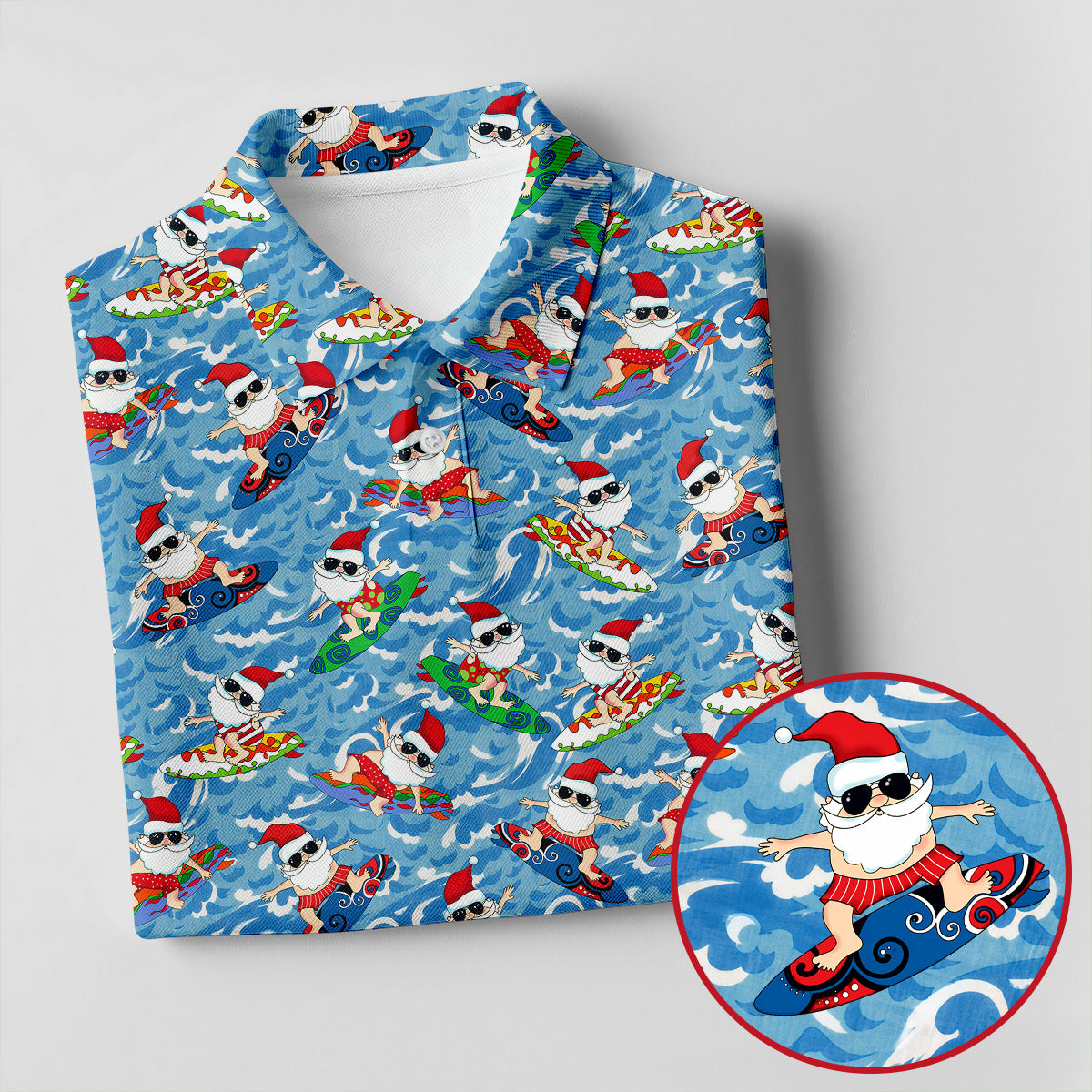 Surfing Santa Christmas Ocean Pattern Polo Shirt, Womens Golf Polo, Christmas Golf Shirt