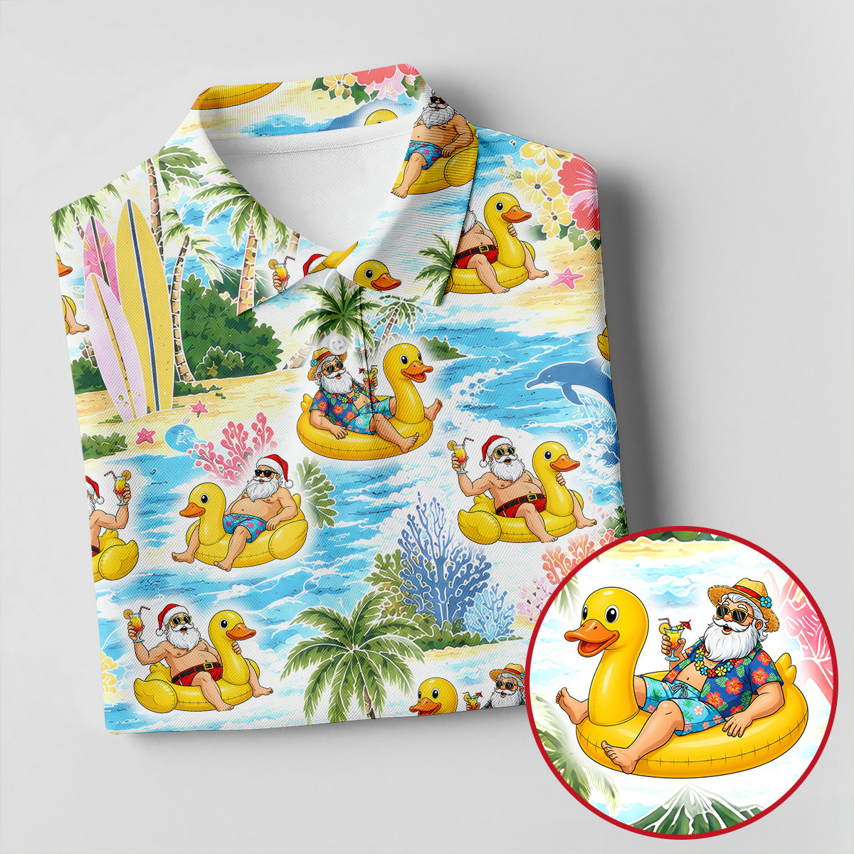 Funny Santa Duck Float Tropical Christmas Polo Shirt, Mens Golf Polo, Hawaiian Golf Shirt