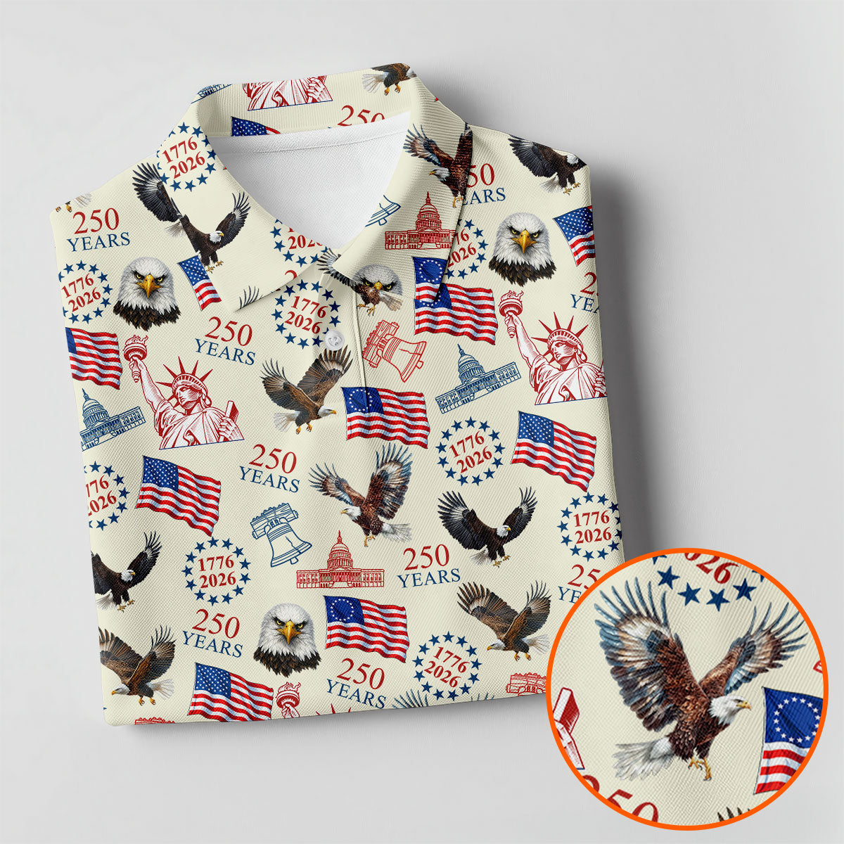 250 Years American Symbol Patriotic Pattern Beige Golf Shirt, 4th Of July Golf Shirt, Golf Shirt For Women