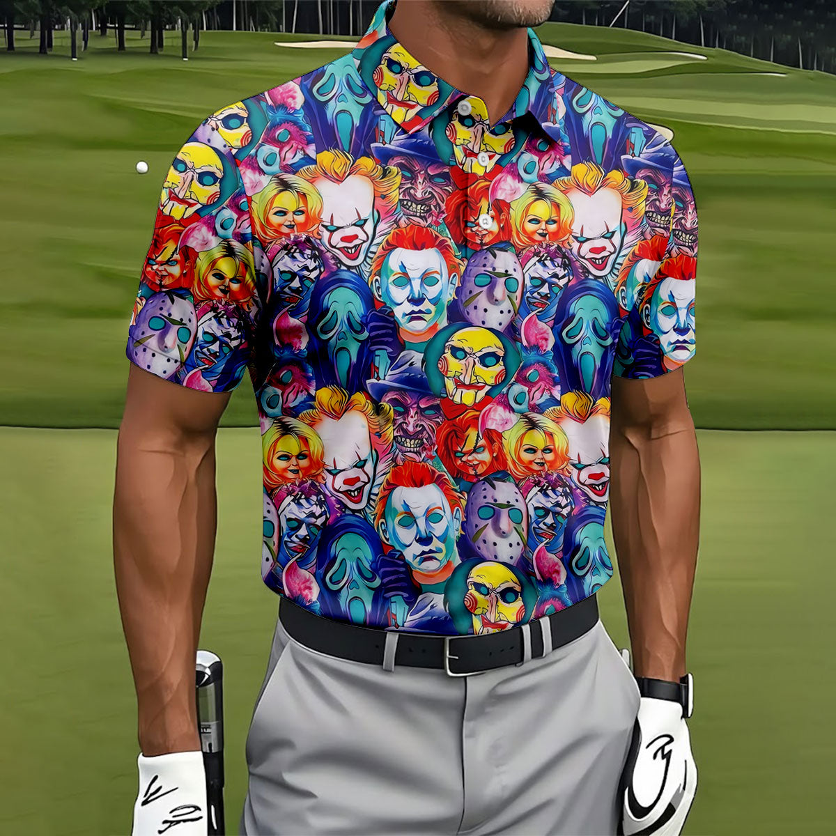 Colorful Horror Character Faces Halloween Polo Shirt, Mens Golf Shirts, Mens Polo Shirts
