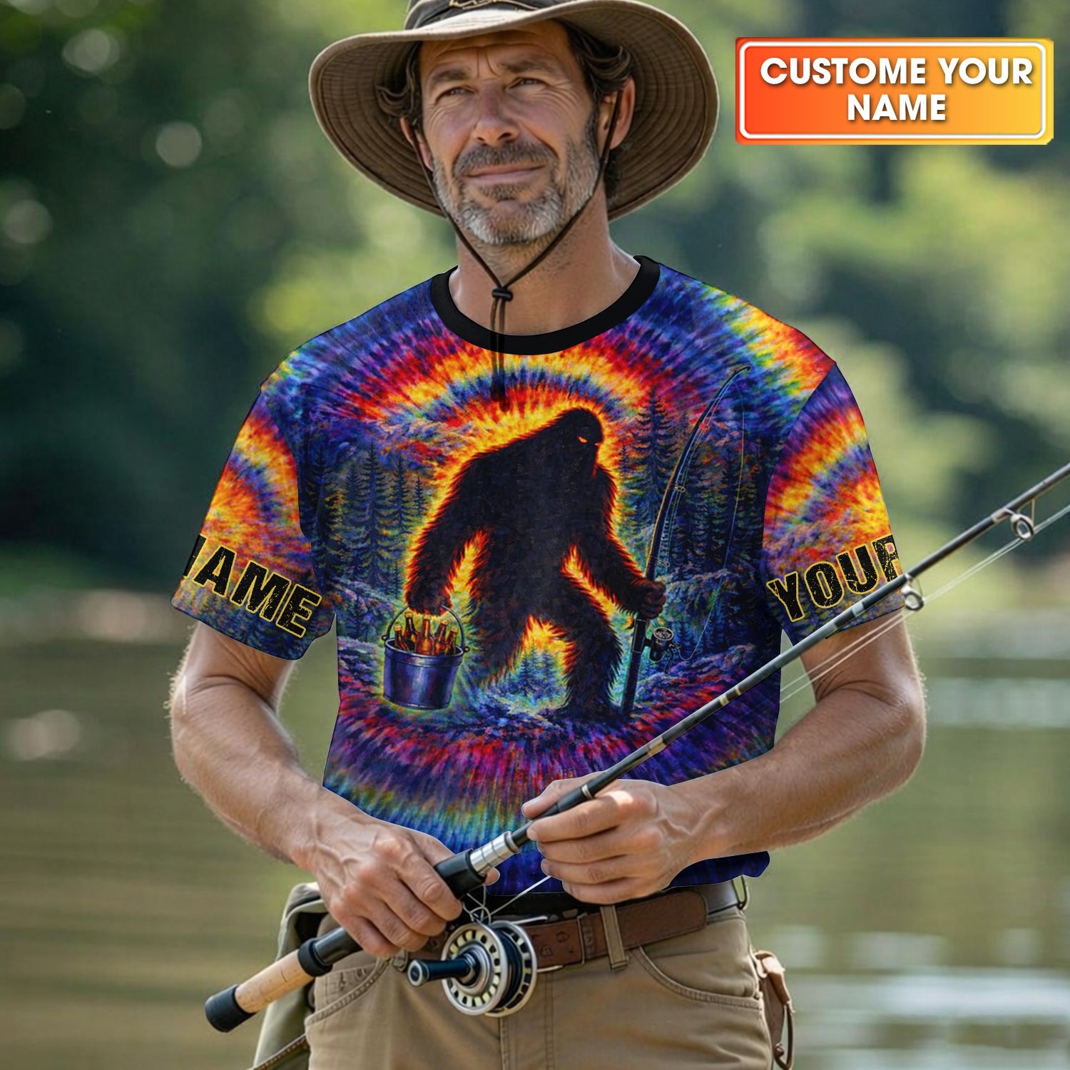 Bigfoot Fishing Beer Bucket Rainbow Swirl Funny Fishing Shirt, Fishing UPF Shirts, Fishing Shirts For Men