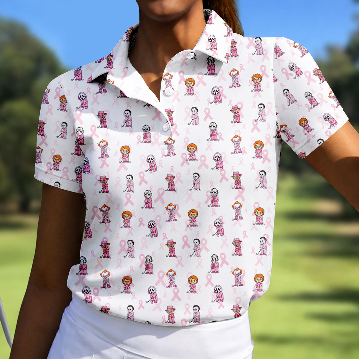 Breast Cancer Chibi Horror Character Polo Shirt, Womens Golf Tops, Golf Polo For Women