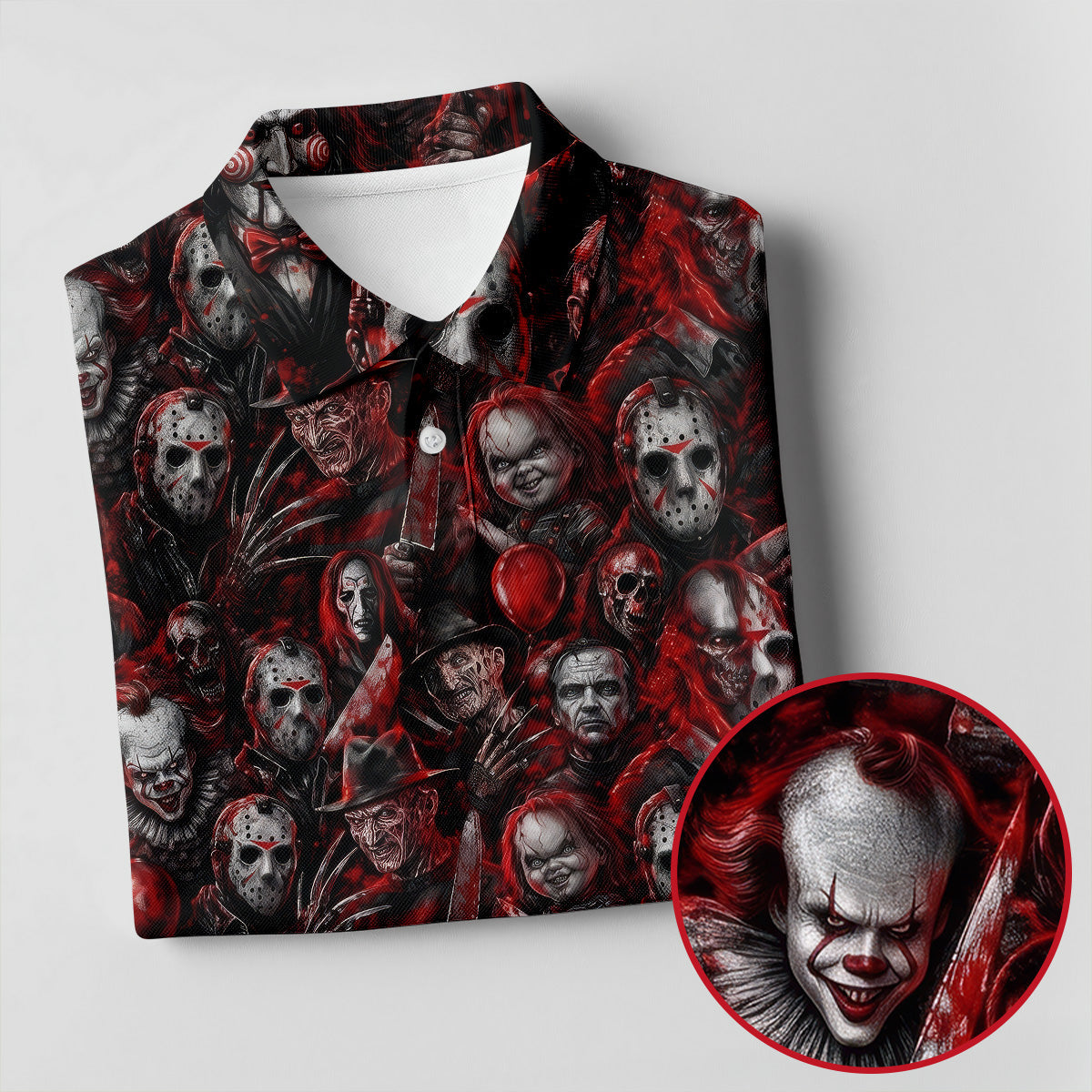 Red Horror Character Clown Collage Golf Polo Shirt, Womens Golf Tops, Ladies Golf Shirts