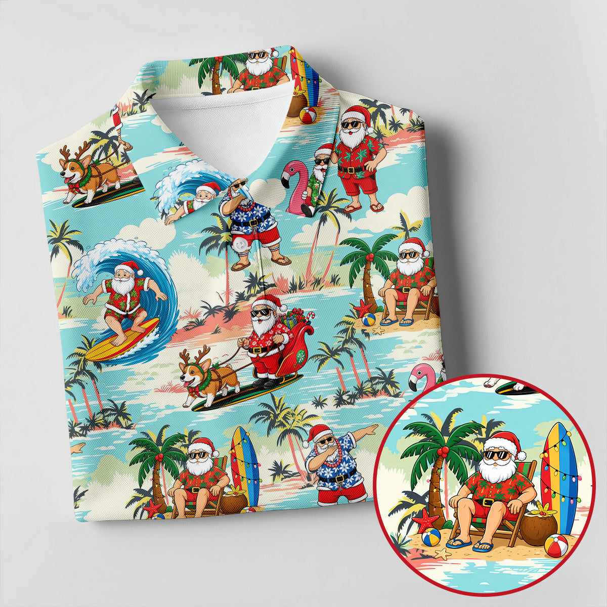 Funny Tropical Santa Beach Christmas Polo Shirt, Womens Golf Polo, Hawaiian Golf Shirt