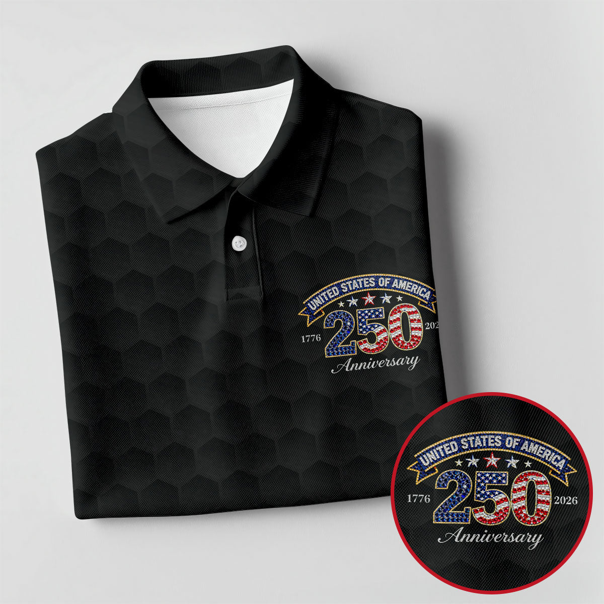 250th Anniversary Golf Ball Pattern Black Golf Shirt, Patriotic 4th Of July Golf Shirt, Golf Shirt For Women