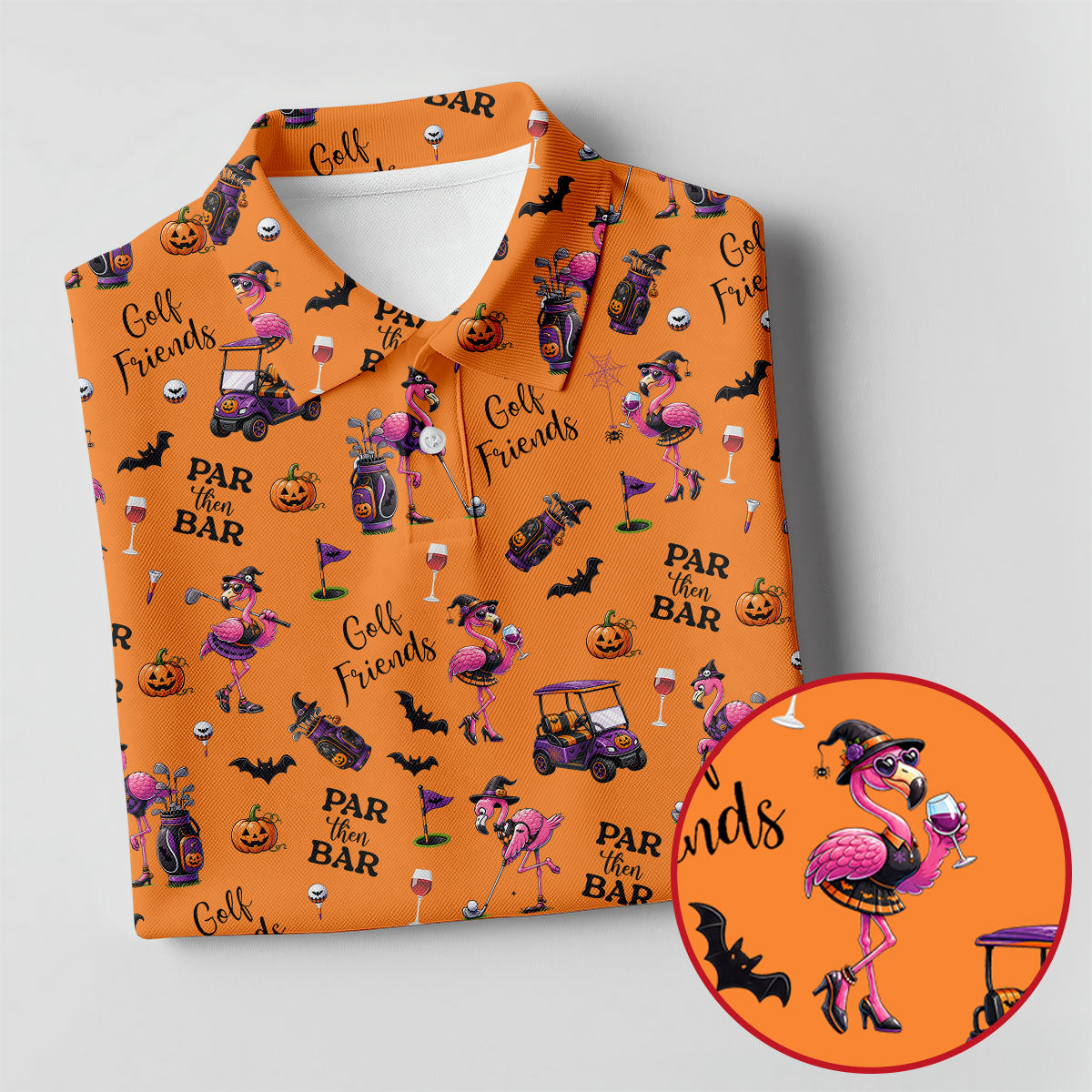 Orange Par Then Bar Flamingo Halloween Shirt, Golf Polo Shirts For Men, Printed Golf Shirts