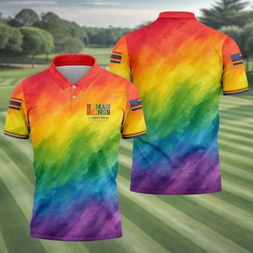 Human Beings LGBT Rainbow Golf Tops For Men, LGBT Pride Month Gradient Watercolor Polo Shirts For Men