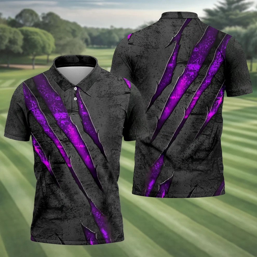 Purple Claw Marks Hawaiian Golf Shirt, Scratch Print Men's Golf Shirt, Polo Shirts For Men