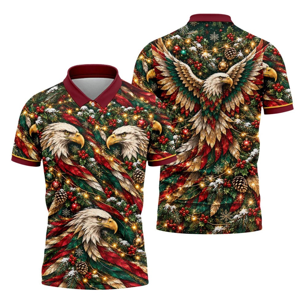 Eagle Pattern Christmas Golf Shirt, Golf Gifts For Men, Mens Holiday Golf Shirts