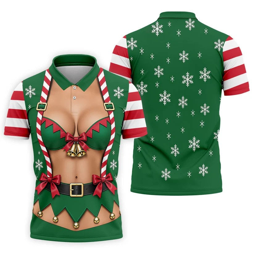 Green Elf Bikini Christmas Golf Polo, Golf Shirts For Men, Long Sleeve Polo Shirts