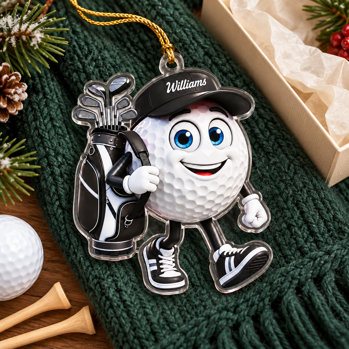 Custom Name Black Walking Golf Ball Acrylic Ornament, Christmas Ornaments, Golf Gifts