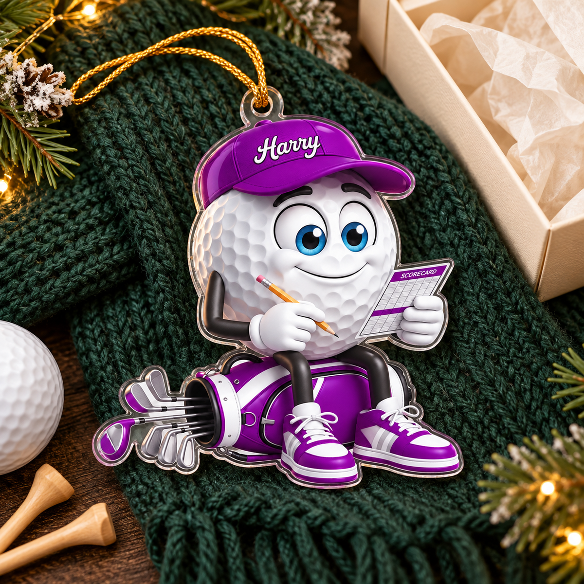 Custom Name Purple Golf Scorecard Acrylic Ornament, Christmas Ornaments, Golf Gifts