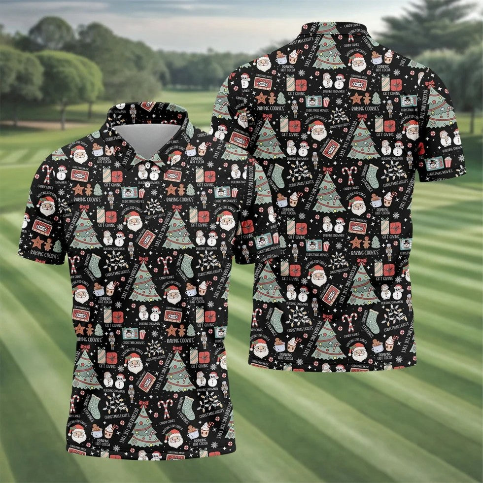 Cute Santa Claus Gift Black Men's Golf Polo Shirts, Christmas Golf Shirt, Polo Shirts For Men