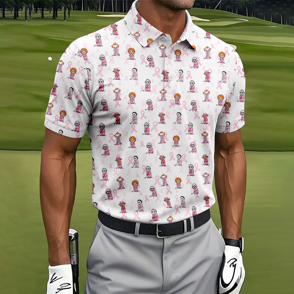 Breast Cancer Chibi Horror Character Polo Shirt, Mens Golf Shirts, Golf Apparel For Men