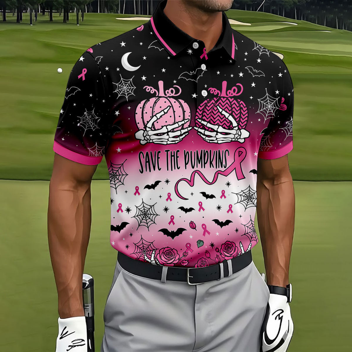 Save The Pumpkins Halloween Breast Cancer Polo Shirt, Mens Golf Polo, Mens Golf Shirts