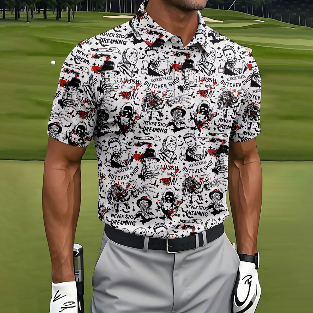 Classic Horror Character Collage Halloween Polo Shirt, Men's Golf Shirt, Mens Golf Apparel