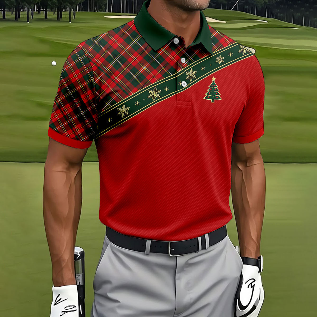 Red Plaid Snowflake Tree Christmas Golf Shirt, Mens Golf Polo, Golf Shirts For Men