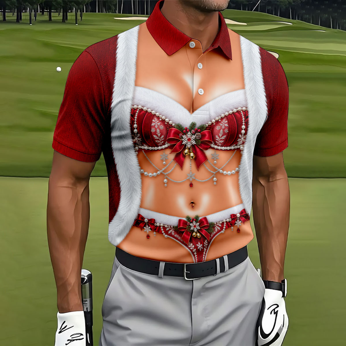 Elegant Santa Bra Bow Christmas Golf Shirt, Mens Golf Shirts, Polo Shirts For Men