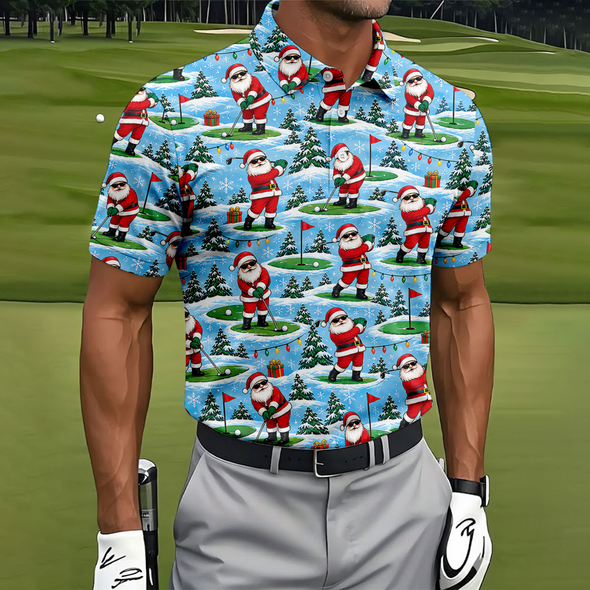 Santa Playing Golf In Snow Christmas Golf Shirt, Mens Golf Polo, Golf Shirts For Men