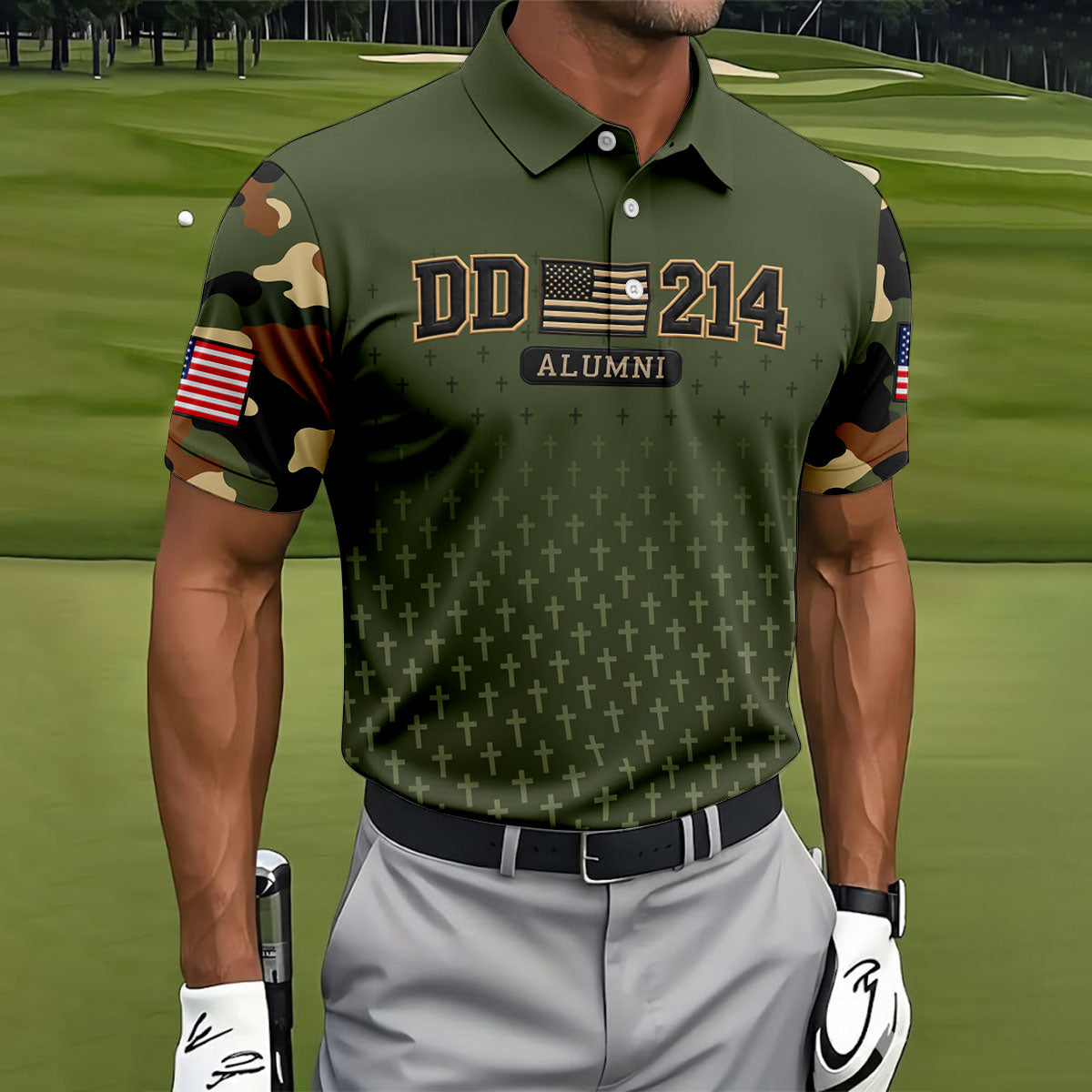 DD-214 Alumni Flag Cross Camo Polo Shirt, Veterans Day Shirt, Golf Shirts For Men
