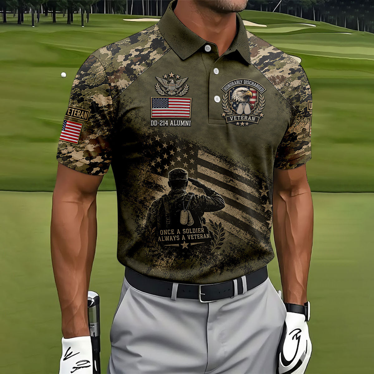 DD-214 Honorably Discharged Camo Polo Shirt, Veterans Day Shirt, Mens Golf Shirts