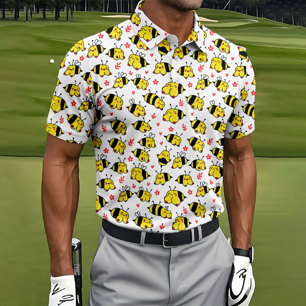 Funny Bee Breast Cancer Pattern Polo Shirt, Mens Golf Shirts, Golf Polo Shirts For Men