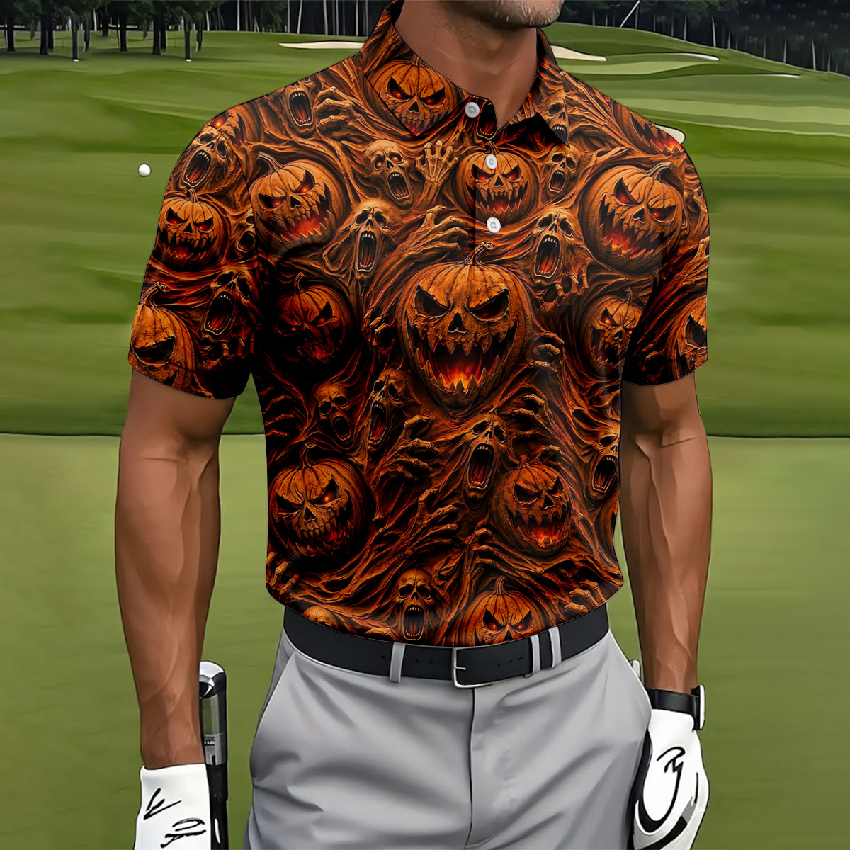 Halloween Evil Pumpkin Ghost Horror Character Polo Shirt, Golf Polo, Mens Golf Shirts