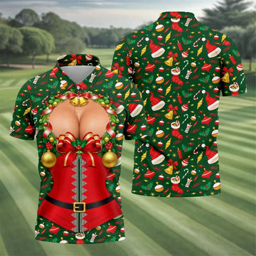 Festive Christmas Corset Bow Golf Polo Shirt, Christmas Golf Shirt, Mens Golf Apparel