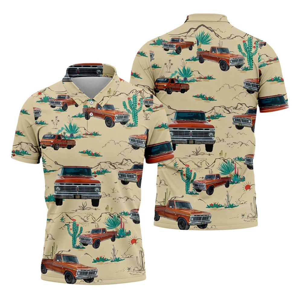 Personalized Pickup Truck Golf Shirt, Southwestern Desert Cactus Pattern, Golf Shirt For Men
