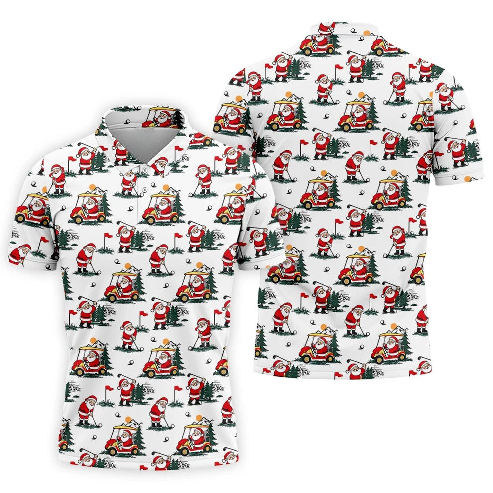 Santa Golf Cart Pattern Christmas Golf Shirt, Golf Polo For Men, Golf Shirts For Men